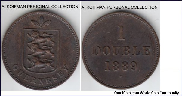 KM-10, 1889 Guernsey double, Heaton mint (H mint mark); bronze, plain edge; dark brown extra fine, rather large (for Guernsey) mintage 112,000.