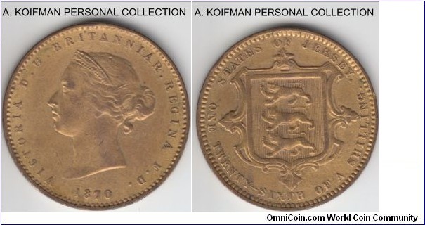 KM-4, 1870 Jersey 1/26'th of a shilling; bronze, plain edge; Victoria, very fine or about for wear, guilded, most likely later on to pass as a gold coin or as a novelty.