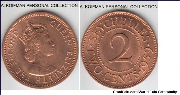 KM-15, 1959 Seychelles 2 cents; bronze, plain edge; mostly red uncriculated, mintage of 30,000.