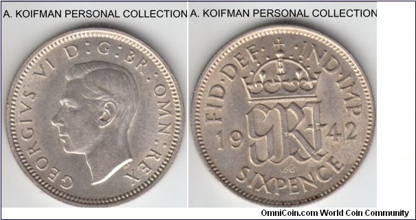 KM-852, 1942 Great Britain 6 pence; silver, reeded edge; average uncirculated or about, good luster.