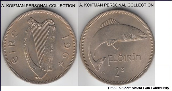 KM-15a, 1964 Ireland florin (2 shillings); copper-nickel, reeded edge; nice lustered uncirculated.