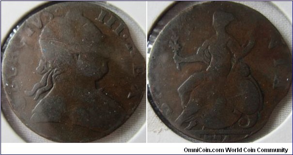 1774 halfpenny, clipped planchet, fair