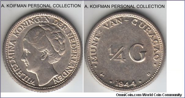 KM-44, 1944 Curacao 1/4 gulden, Denver mint (D mint mark); silver, reeded edge; another war time issue of the US mints for the occupied Netherlands, good extra fine.