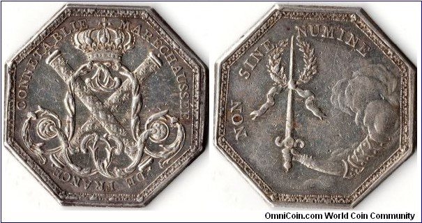 silver octagonal jeton de presence struck for the Police and Gendarmerie of France. Both obverse and reverse designs were first used in 1720 for copper and silver jetons (round),and many variantsexist. The octagonal jeton however is scarcer and ( I believe) first struck during the reign of Louis XVI