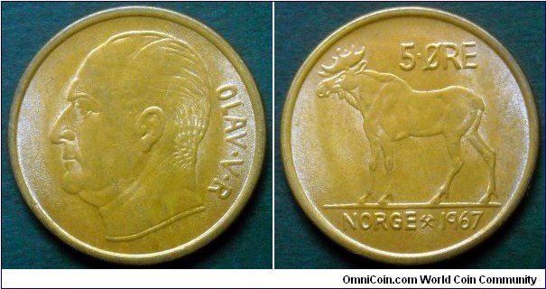 Norway 5 ore.
1967, Bonze.
Weight; 8g.
Diameter; 27mm.
Mintage: 9.071.000 pieces.