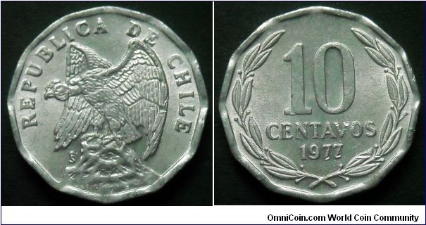 Chile 10 centavos.
1977, Al. Weight; 2,05g.
Diameter; 23,75mm.
Mintage: 57.800.000 pieces.