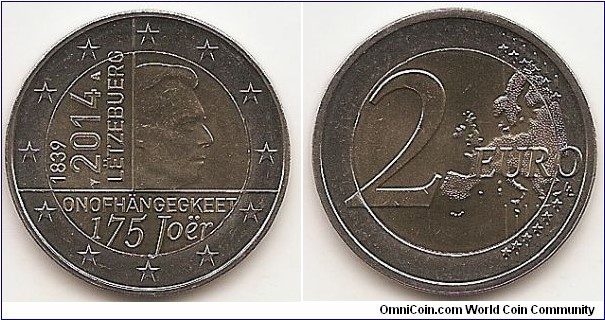 2 Euro
KM#129
8.5000 g., Bi-Metallic Nickel-Brass center in Copper-Nickel ring, 25.75 mm. Subject: 175th Anniversary of Luxembourg's Independence. Obv: The coin depicts on the right hand side of its inner part the effigy of His Royal Highness, the Grand-Duke Henri, looking to the right, and on the left hand side of its inner part, vertically positioned, the years '1839' and '2014' and the name of the issuing country 'LËTZEBUERG'. The inscriptions 'ONOFHÄNGEGKEET' and '175 Joër' appear at the bottom of the inner part of the coin, while twelve stars are depicted on the remainder of the outer ring. Rev: Value and map within circle Edge: Reeding with combination of the number 2 and ** repeated six times, Rev. designer: Luc Luycx