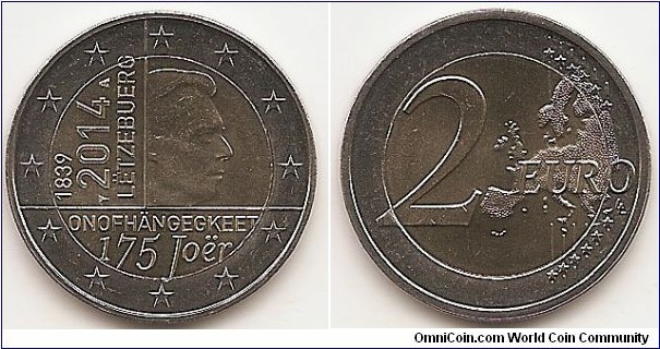 2 Euro
KM#129
8.5000 g., Bi-Metallic Nickel-Brass center in Copper-Nickel ring, 25.75 mm. Subject: 175th Anniversary of Luxembourg's Independence. Obv: The coin depicts on the right hand side of its inner part the effigy of His Royal Highness, the Grand-Duke Henri, looking to the right, and on the left hand side of its inner part, vertically positioned, the years '1839' and '2014' and the name of the issuing country 'LËTZEBUERG'. The inscriptions 'ONOFHÄNGEGKEET' and '175 Joër' appear at the bottom of the inner part of the coin, while twelve stars are depicted on the remainder of the outer ring. Rev: Value and map within circle Edge: Reeding with combination of the number 2 and ** repeated six times, Rev. designer: Luc Luycx