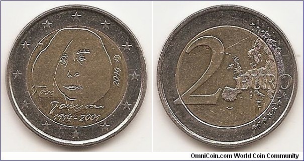 2 Euro
KM#194
8.5000 g., Bi-Metallic Nickel-Brass center in Copper-Nickel ring, 25.75 mm. Subject: 100 Years since the Birth of Tove Jansson. Obv: The inner part of the coin depicts Tove Jansson’s portrait. Under the portrait the signature ‘Tove Jansson’ and the years ‘1914-2001’. At the left the indication of the issuing country ‘FI’. At the right the year of issuance ‘2014’ and the mint mark, while twelve stars are depicted on the remainder of the outer ring. Rev: Value and map within circle Edge: Reeding with SUOMI FINLAND, Obv. designer: Jari Lepistö Rev. designer: Luc Luycx