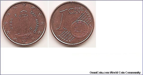 1 Euro cent
KM#440
2.2700 g., Copper Plated Steel, 16.25 mm. Obv:  the third of the Three Towers of San Marino; Montale. In a semicircle above the tower to the right are the words San Marino and to the left, the date. The mint marks are shown to the lower right. Rev: Large value at left, globe at lower right. Obv. designer: Frantisek Chochola Rev. designer: Luc Luycx