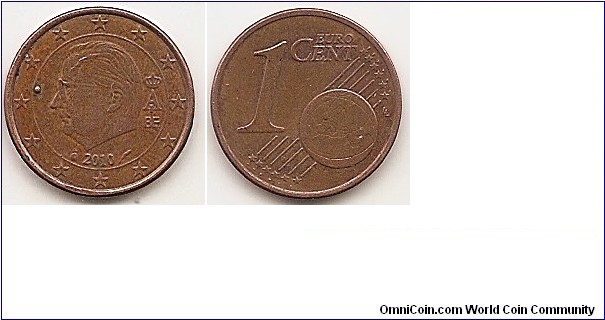 1 Euro cent
KM#274
2.3000 g., Copper Plated Steel, 16.25 mm. Obv: an effigy of King Albert II, 2008 redesign included the letters BE (standing for Belgium) beneath the monogram, which was moved out of the stars into the centre circle but still to the right of the King's portrait. The date was also moved out and placed beneath the effigy and included two symbols either side (left: signature mark of the master of the mint, right: mint mark). Rev: Large value at left, globe at lower right. Obv. designer: Jan Alfons Keustermans Rev. designer: Luc Luycx