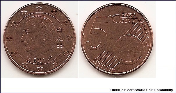5 Euro cent
KM#276
3.9200 g., Copper Plated Steel, 21.25 mm. Obv: an effigy of King Albert II, 2008 redesign included the letters BE (standing for Belgium) beneath the monogram, which was moved out of the stars into the centre circle but still to the right of the King's portrait. The date was also moved out and placed beneath the effigy and included two symbols either side (left: signature mark of the master of the mint, right: mint mark). Rev: Large value at left, globe at lower right. Obv. designer: Jan Alfons Keustermans Rev. designer: Luc Luycx
