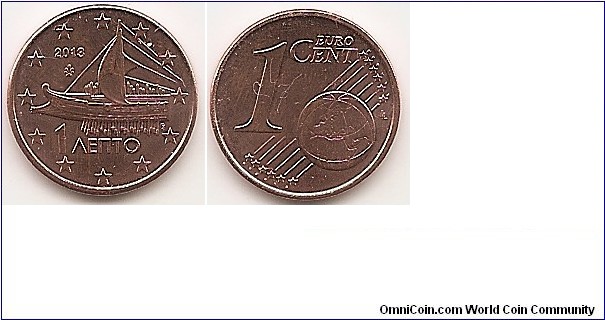 1 Euro cent
KM#181
2.3000 g., Copper Plated Steel, 16.25 mm. Obv: an advanced model of an Athenian trireme, the largest warship afloat for more than 200 years, dating from the time of the Athenian democracy (fifth century BC). Below it is the denomination in Greek and above is the year. Rev: Large value at left, globe at lower right. Obv. designer: Georgios Stamatopoulos Rev. designer: Luc Luycx