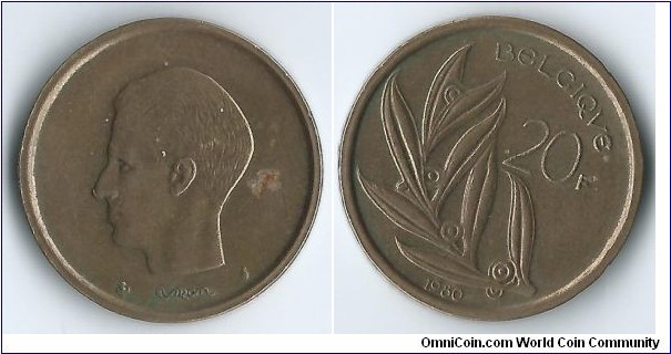 Belgium - 20 Francs - King Baudouin I (1948-1993) - Nickel-Bronze - Weight 8,63 gr - Size 25,65 mm - Thickness 2,27 mm - Coin alignment (180°) - Engraver Harry Elstrom - Mint Brussels-Belgium - Note/Legend in French 'BELGIQUE' - Edge : Gemetrical pattern (varieties in shape) whit horizontal brackets above and below - Mintage : 60 000 000