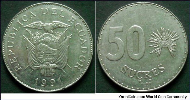 Ecuador 50 sucres.
1991, Nickel clad steel.
Weight; 8,45g.
Diameter; 29mm.