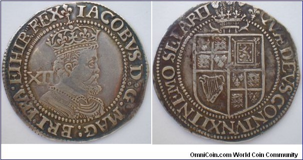 James I Shilling dated between 1623-24 Plumes above shield. Scarce coin