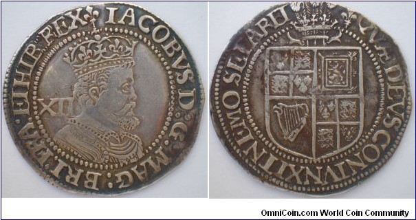 James I Shilling dated between 1623-24 Plumes above shield. Scarce coin