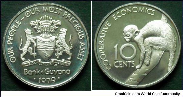 Guyana 10 cents.
1979, Proof from Franklin Mint.
Cu-ni. Weight; 2,8g.
Diameter; 18mm.
Mintage: 3547 pieces.