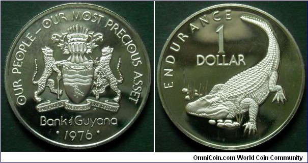 Guyana 1 dollar.
1976, Proof from Franklin Mint.
Cu-ni. Weight; 19,1g.
Diameter; 35,5mm.
Mintage: 28.000 pieces.