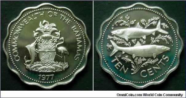 Bahamas 10 cents.
1977, Proof from Franklin mint.
Cu-ni. Weight; 5,13g. Diameter; 23,5mm. Mintage: 17.713 pieces.