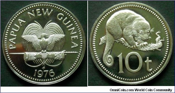 Papua New Guinea 10 toea. 1976, Proof from Franklin Mint.
Weight; 5,67. Diameter; 23,72mm.
Mintage: 16.000 pieces.