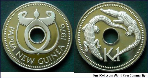 Papua New Guinea 1 kina. 1976, Proof from Franklin Mint.
Cu-ni. Weight; 14,52g. Diameter; 33,72mm. Mintage: 16.000 pieces.