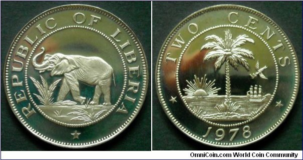 Liberia 2 cents.
1978, Proof from Franklin Mint.
Cu-ni. Weight; 8,24g. Diameter; 29,05mm. Mintage: 7311 pieces.