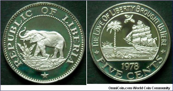 Liberia 5 cents.
1978, Proof from Franklin Mint.
Cu-ni. Weight; 4,1g.
Diameter; 20mm.
Mintage: 7311 pieces.