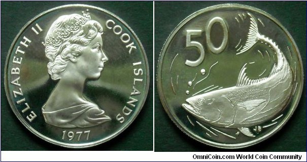 Cook Islands 50 cents (tene) 1977, Proof from Franklin Mint.
Cu-ni. Weight; 13,80g.
Diameter; 31,75mm.
Mintage: 5986 pieces.