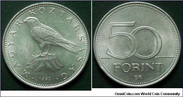 Hungary 50 forint.
1993, Cu-ni. Weight; 7,6g.
Diameter; 27,4mm.
Mintage: 860.500 pieces.