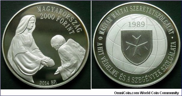 Hungary 2000 forint.
2014, Hungarian Charity Service of the Order of Malta.
Proof variety. Mintage: 6000 pieces.