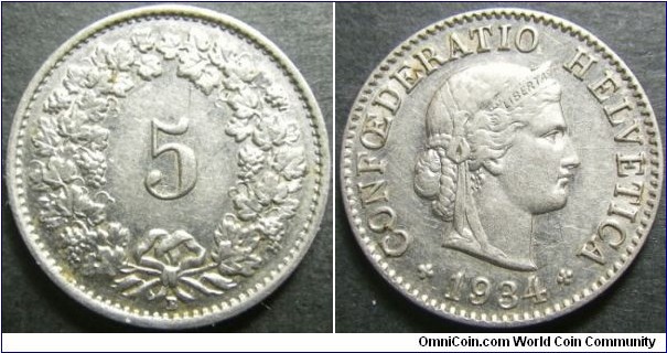 Switzerland 1934 5 rappen. Struck in pure nickel. Nice conditionl Weight: 1.99g