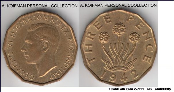 KM-849, 1942 Great Britain 3 pence; nickel-brass, plain edge, 12-sided; about uncirculated or better, lots of luster.