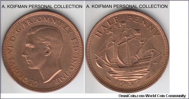 KM-844, 1937 Great Britain half penny; bronze, plain edge; nice red brown high grade uncirculated, some toning on obverse.