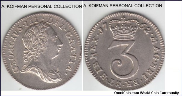 KM-591, 1762 Great Britain 3 pence; silver, plain edge; good extra fine, recut date and multiple letters.