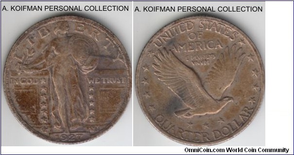KM-145, 1927 Unites States of America 25 cents, Philadelphia mint (no mint mark); silver, reeded edge; very fine or so, toe long time toning, heavy in places.