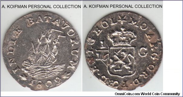 KM-78, 1802 Netherlands East Indies 1/16 gulden, S-497; silver; bright white, some spots, probaby cleaned, otherwise good extra fine to about uncirculated, scarce.