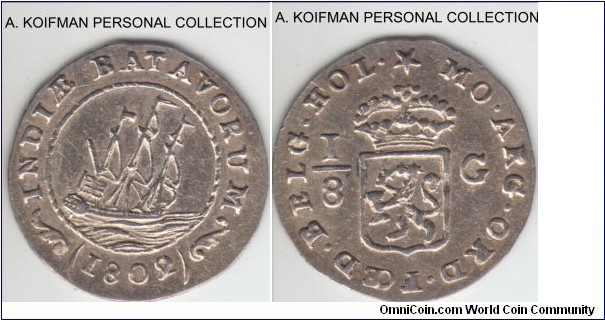 KM-79, 1802 Netherlands East Indies 1/8 gulden, S-496; silver, whitish high grade, but may have been cleaned.
