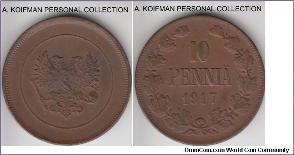 KM-18, 1917 Finland (Grand Duchy) 10 pennia; copper, plain edge; transitional one-year Kerensky government issue, without the Nikolay II monogram and only imperial two-headed eagle, weakly struck, some roughness on the edges as usual for these large copper coins, essentially an average almost uncirculated specimen.