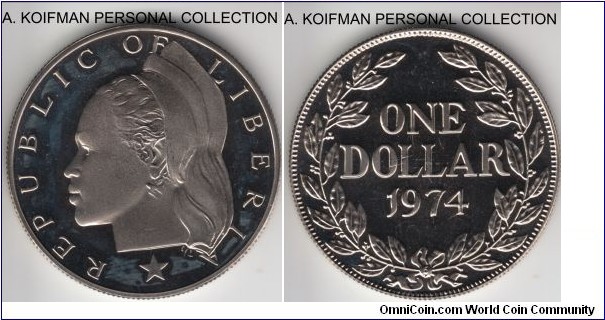KM-18a.2, 1974 Liberia dollar; proof, copper-nickel, reeded edge; issued in proof sets only, few toning areas and reverse dies had not been cleaned properly, resulting in indentations on the proof (!) issue, sign of a poor manufacturing control, mintage 9,362.