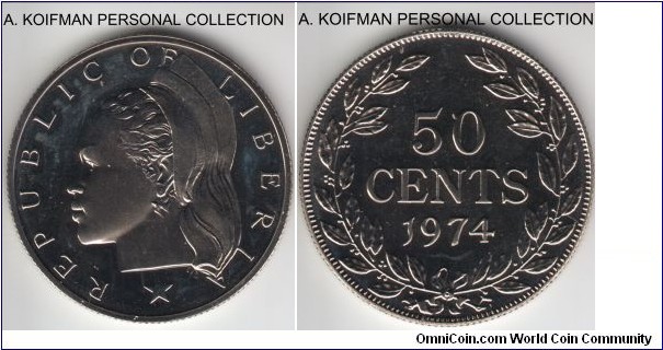 KM-17a.2, 1974 Liberia 50 cents; proof, copper-nickel, reeded edge; issued in proof sets only, some toning, mintage 9,362. 