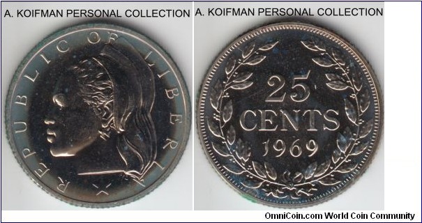 KM-16a.2, 1969 Liberia 25 cents; proof, copper-nickel, reeded edge' proof set only issued, periferal hasing on obverse, mintage 5,056.