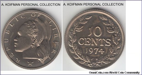 KM-15a.2, 1974 Liberia 10 cents; proof, copper-nickel, reeded edge; issued in proof sets only, some toning, spot, mintage 9,362. 