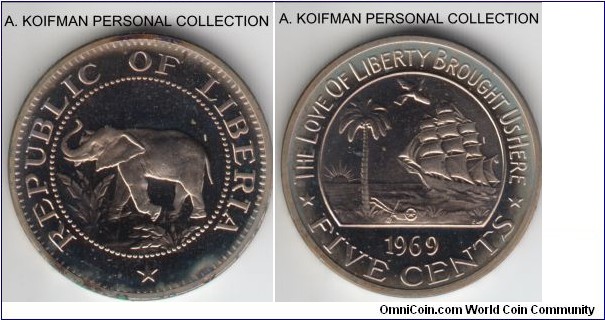 KM-14, 1969 Liberia 5 cents; proof, copper-nickel, plain edge; proof set only issued, some hazing and toning, mintage of 5,056.