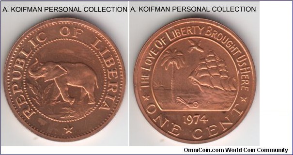 KM-13, 1974 Liberia cent; proof, bronze, plain edge; red, good looking with minimal toning, issued in mint sets only, mintage 9,362.