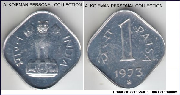 KM-10.1, 1973 India paisa, Bombay mint (B mint mark); proof, aluminum, plain edge 4-sided; scarce mintage of 7,562 issued in proof sets only.