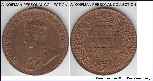 KM-512, 1936 British India 1/4 anna, Bombay mint (dot under date); bronze, plain edge; red brown average uncirculated, common issue.
