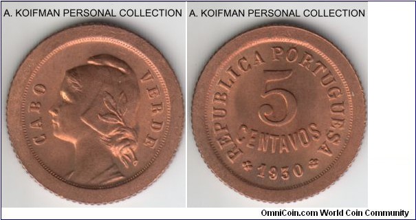 KM-1, 1930 Cabo (Cape) Verde 5 centavos; bronze, reeded edge; blazing red high grade uncirculated, nice.