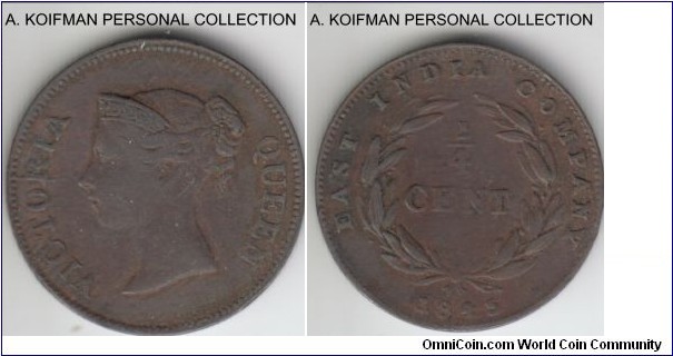 KM-1, 1845 East India Company 1/4 cent; copper, plain edge; fine plus to about very fine, dark brown, rotated dies.