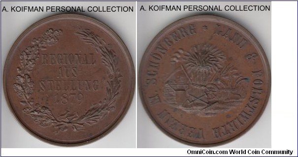 1879 Austria medal; bronze, 38 mm; agricultural and forestry REGIONAL AUSSTELLUNG 1879 on one side, LAND & FORESTWIRTH VEREIN M. SCHONBERG on the other, signed by JAUNER (probably Heinrich Jauner.
